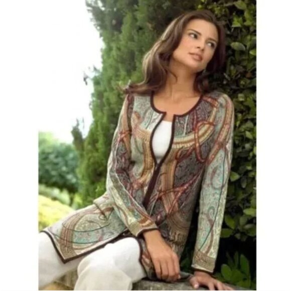 Peruvian Connection Zip Front Paisley Longline Pima Cotton Cardigan Sweater M - Picture 2 of 6